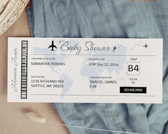 Blue Boarding Pass Template Baby Shower, Adventure Awaits Baby Shower Ticket Invite, Airplane Invitation for Travel Themed Shower, ba118