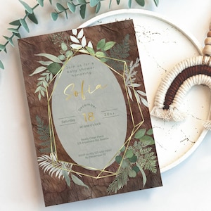 Babyparty Waldland Einladung, Salbei, Gold und Kaffee farbige Boho Einladungen, lasst das Abenteuer beginnen, Natur Gender Neutral Karte ba65