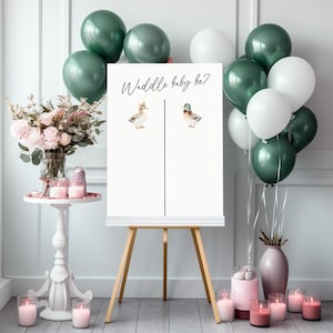Waddle Baby Be Game, Enten mit Schleifen Gender Reveal Sign, Errate das Geschlecht Template, Baby Gender Reveal Party Vote Poster 18x24 ba99