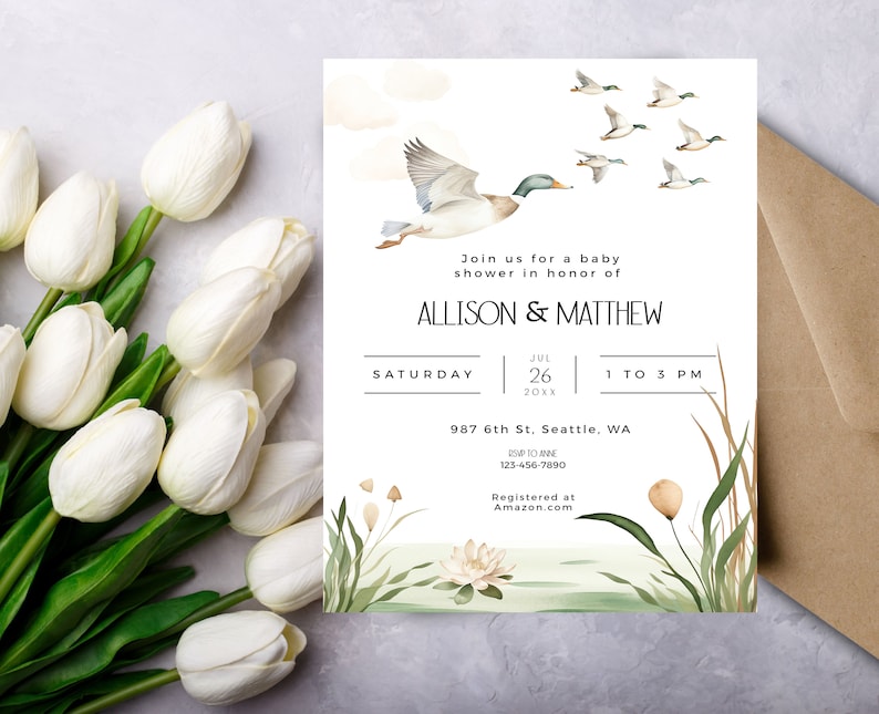May include: A baby shower invitation with a watercolor illustration of ducks flying over a pond with green reeds. The invitation is for Allison & Matthew on Saturday, July 26th, 20XX from 1 to 3 PM. The address is 987 6th St, Seattle, WA. The phone number is 123-456-7890. The invitation says "Registered at Amazon.com".