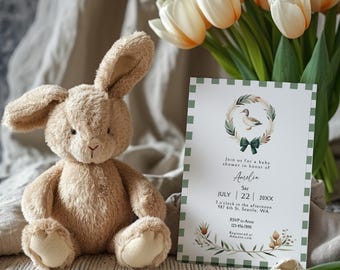 Duck Baby Shower Invitation Gingham, Mallard Baby Shower Invite, Printable Duck Hunting Baby Template, Baby Boy Shower Theme, ba99