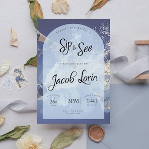 Sip And See Baby Boy Invitation, French Blue Baby Welcoming, Meet & Greet Editable Template, Champagne Baby Announcement Download  ba40