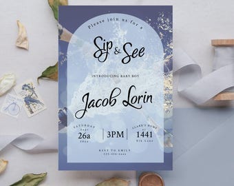 Sip And See Baby Boy Invitation, French Blue Baby Welcoming, Meet & Greet Editable Template, Champagne Baby Announcement Download  ba40
