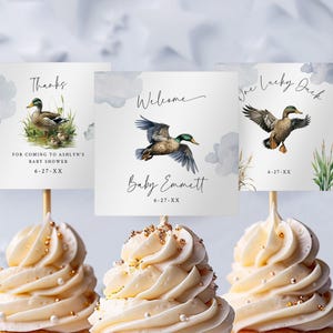 Duck Baby Shower Cupcake Toppers, Flying Ducks Shower Decoration, Duck Hunting Party Theme, 3 Editable Templates for 1st Birthday Party Ba95