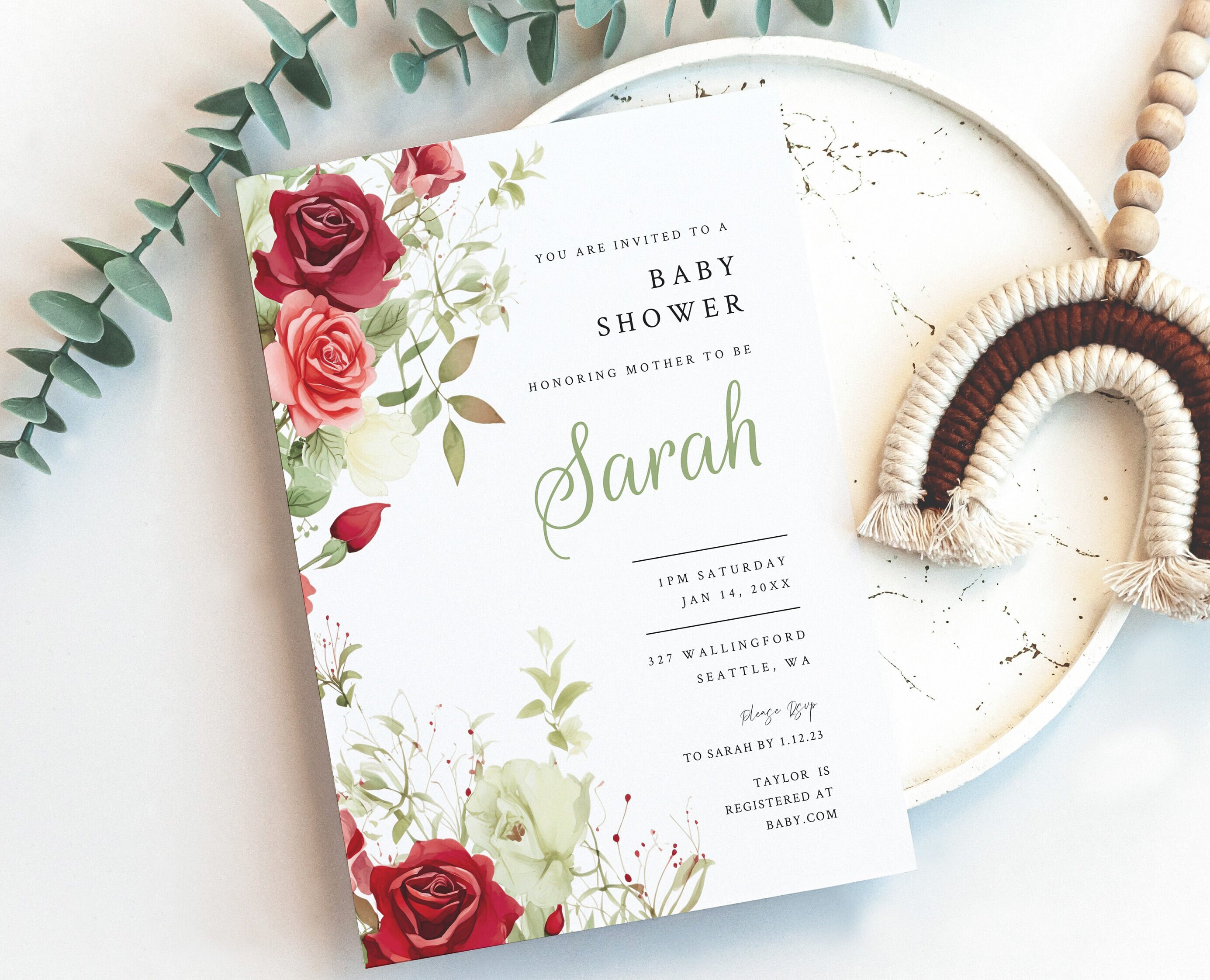 Red Rose Editable Invitation Template, Red and Pink Shower Theme ...