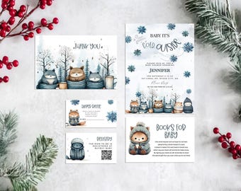 Baby it's Cold Outside Gender Neutral Winter Baby Shower Invitation Bundle, Cute Woodland Animals Invite Suite, Editable Template Set ba71