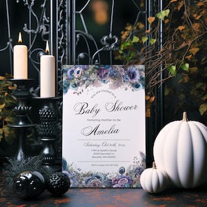 Dark Floral Baby Shower Invitation, Goth Halloween Baby Shower, Editable Fall Party Template, Peacock Feather Purple Blue Gothic Flower ba43