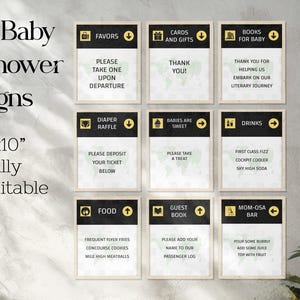 May include: Nine printable 8x10 inch baby shower signs with a travel theme. The signs have black backgrounds with gold accents and text. The signs include: Favors, Diaper Raffle, Cards and Gifts, Babies are Sweet, Books for Baby, Drinks, Food, Guest Book, and Mom-osa Bar.