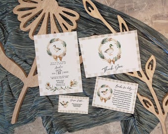May include: A set of four baby shower cards with a watercolor illustration of a duck in a wreath. The cards are printed on a beige background with a brown and white checkered pattern. The text on the cards reads "Join us for a baby shower in honor of Amelia", "July 22 | 3:00PM", "RSVP to Anne", "Thank You", and "Books for baby".