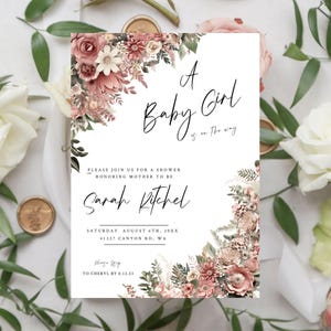Invito per baby shower rosa cipria, invito floreale in carta 3D modificabile, modello per baby shower boho, biglietto stampabile per bambina, baby shower nuziale ba33