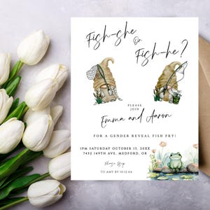 Fishing Gender Reveal Invite, Gnome Pregnancy Reveal Invitation, Printable Reveal Party Template, Fish-He or Fish-She Instant Download ba86f