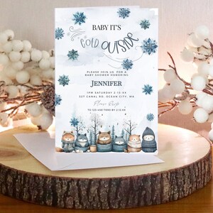 Invitation de baby shower des bois d'hiver, baby shower animaux de la forêt, carte modifiable de baby shower d'hiver, modèle d'invitation de fête de décembre ba71
