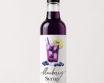 May include: A clear glass bottle filled with purple liquid, topped with a black pump dispenser. The label features a watercolor illustration of a blueberry drink with ice and a lemon slice. The words "blueberry Syrup" are written in cursive.