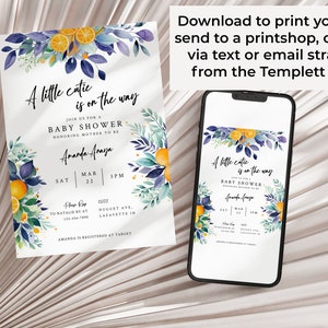 May include: A baby shower invitation with a watercolor design featuring lemons, leaves, and flowers in shades of blue, green, and yellow. The text reads "A little cutie is on the way" and includes the date, time, and location of the event. The invitation also includes the name of the mother-to-be, Amanda Anaya.