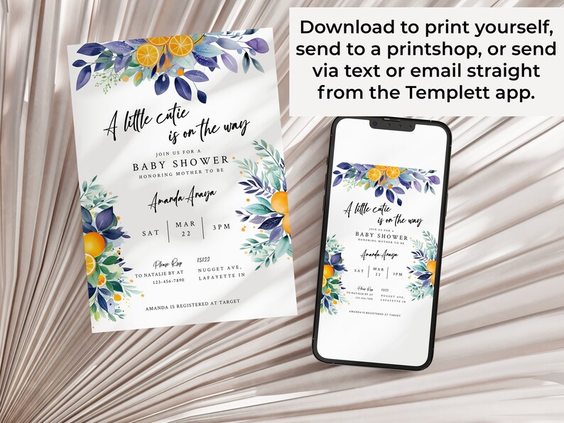 May include: A baby shower invitation with a watercolor design featuring lemons, leaves, and flowers in shades of blue, green, and yellow. The text reads "A little cutie is on the way" and includes the date, time, and location of the event. The invitation also includes the name of the mother-to-be, Amanda Anaya.