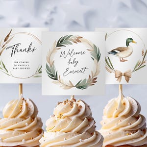 Duck Baby Shower Cupcake Toppers, Mallard Ducks Shower Decoration, Duck Hunting Party Theme, 3 Editable Templates for Baby Sprinkle Ba96