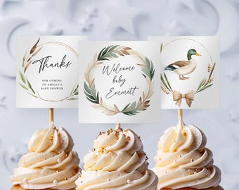 Duck Baby Shower Cupcake Toppers, Mallard Ducks Shower Decoration, Duck Hunting Party Theme, 3 Editable Templates for Baby Sprinkle Ba96