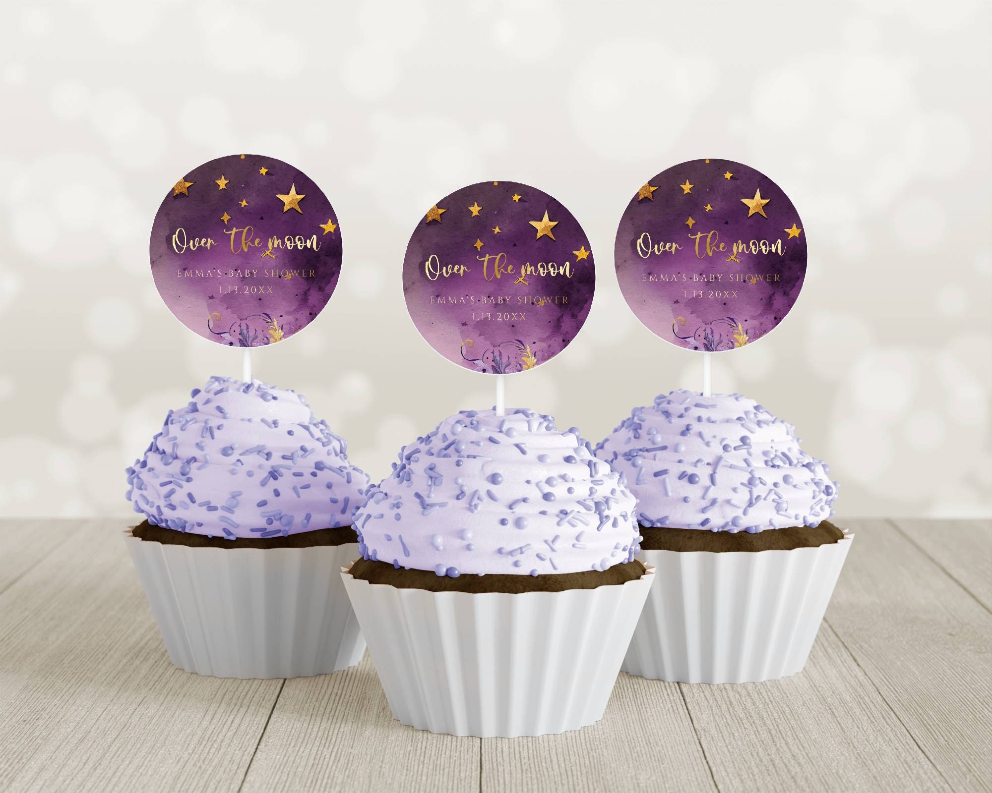 Purple Moon Cupcake Topper Over the Moon Baby Shower Decorations Gold and Lavender Baby Name Topper Celestial Theme ba32