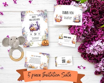 Little Boo Baby Shower Invite, Editable Invitation Suite Templates, Cute Ghost Invite And Inserts, Halloween Small Invitation Bundle Ba41
