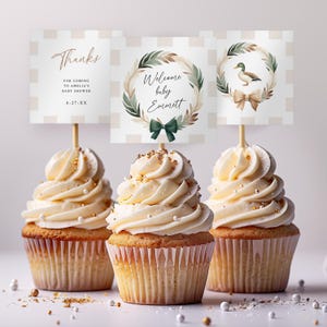 Duck Baby Shower Cupcake Topper, Neutral Gingham Shower Decoration, Duck Hunting Party Theme, 3 Editable Templates for Baby Sprinkle Ba100