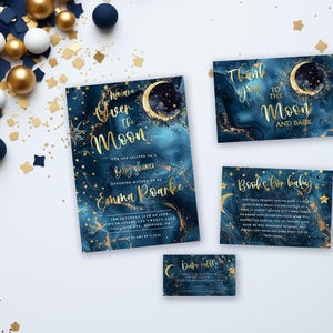 Over the Moon Baby Shower Bundle-Einladung, dunkelblaue und goldene Bücher für Baby, Windel-Los, Gender Neutral Dankes-Karte, BA141