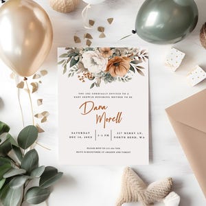 Terra Cotta Florals Shower Invitation Template, Burnt Orange, Sage Green, and Cream Gender Neutral Shower, Editable Instant Download ba22