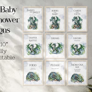 Può includere: Nove cartelli per baby shower stampabili da 20,3 x 25,4 cm con illustrazioni ad acquerello di draghi verdi e testi come "I bambini sono dolci", "Libri per il bambino", "Carte e regali", "Lotteria dei pannolini", "Bevande", "Favori", "Cibo", "Per favore" e "Bar Mom-osa".
