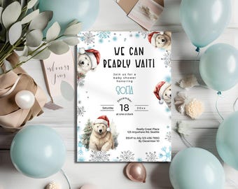 We Can Bearly Wait Polar Bear Baby Shower Invitation, Editable Winter Invite, Funny Bear stationery Template, Gender Neutral Invitation ba53