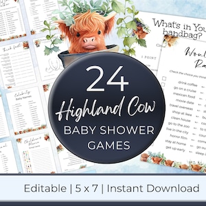 Editable Highland Cow baby shower game bundle, 23 baby shower games included, printable Boho Holy Cow Bingo, Draw Baby, Think Fast ba30