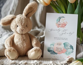 Heaven Sent Gender Reveal Invitation Template, Editable Digital Invite for Baby Shower, Editable He or She Instant Download ba167