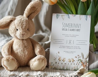 Some Bunny is On the Way Baby Shower Invite, Editable Templates, Instant Download, Gender Neutral Design for Spring Party, ba138