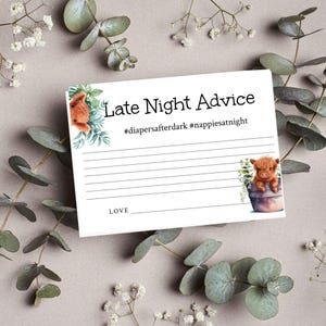 Kaart met advies en wensen, Highland Cow babyshower aandenken, Highlander bewerkbare gastactiviteit, late night advies, babyvoorspellingen ba30