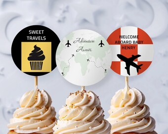 Avontuur wacht op cupcaketoppers, reisthema babyshowerdecoratie, instapkaart feesteten, 3 bewerkbare sjablonen verjaardagsfeestje Ba103