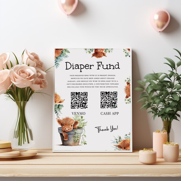 Highland Cow QR Code Diaper Fund Sign, Cute Farm Baby Shower Editable Template, Holy Cow Gender Neutral Printable Party Decor, ba30