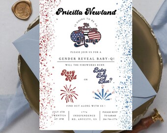 Baby Q Gender Reveal Invitation, Fourth Couples Baby Shower, He Or She, Baby-Q Baby, 4th of July Invitation, Boy Or Girl, Blue or Pink