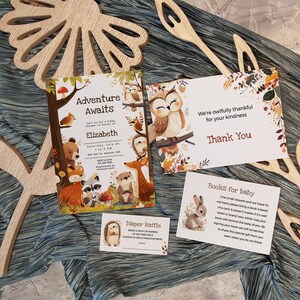 Waldtier-Einladungs-Bundle für Natur-inspirierte Babyparty, Wald-Thema, druckbare Bücher-Anfragekarte, niedliche Eule-Dankeschön-Karte BA106