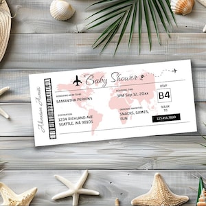 Rosa Bordkarte Vorlage Babyparty, Abenteuer erwartet Babyparty Ticket einladen, Flugzeug-Einladung für die Reise-Themen-Dusche, ba119