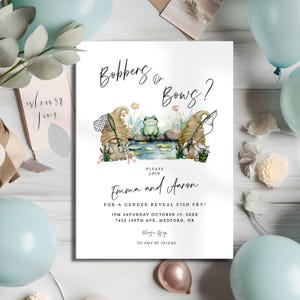 Fishing Gender Reveal Invite, Bobbers or Bows Pregnancy Reveal Invitation, Gnome Printable Reveal Party Template, ba86c