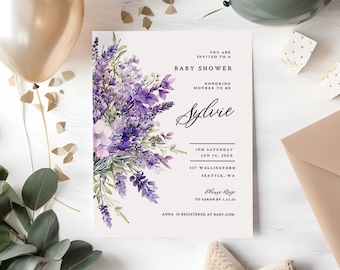 Purple Floral Baby Shower Invite, Lavender Baby Shower Invitation, Printable Gender Neutral Instant Download, Editable Template  ba9