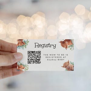 Registratiekaart met QR-code, Highland Cow kraamcadeau kraamcadeau, Highlander bewerkbare uitnodiging invoegen, modern cadeau verlanglijst baby ba30