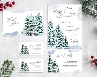 Baby it's Cold Outside Template, Gender Neutral Winter Baby Shower Invitation Set, Pine Tree Invite Suite,   Editable Template Set ba35