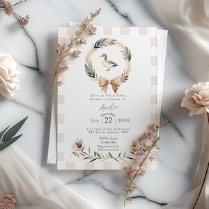 Beige Duck Baby Shower Invitation Gingham, Mallard Baby Shower Invite, Printable Duck Hunting Template, Gender Neutral Shower Theme, ba100