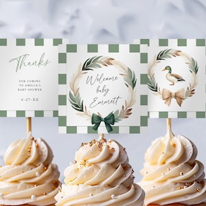 Duck Baby Shower Cupcake Topper, Gingham Shower Decoration, Baby Boy Duck Hunting Party Theme, 3 Editable  Templates for Baby Sprinkle Ba99
