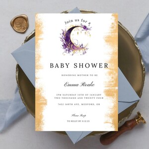 Invitation de fête de naissance de la lune | Modèle modifiable sur la lune | Violet et or | Thème bébé céleste | Téléchargement instantané imprimable BA06