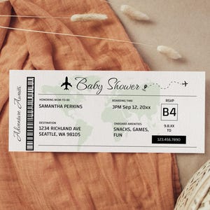 Instapkaartsjabloon babyshower, avontuur wacht op babyshower instapkaart, vliegtuiguitnodiging voor reizen themadouche, ba103