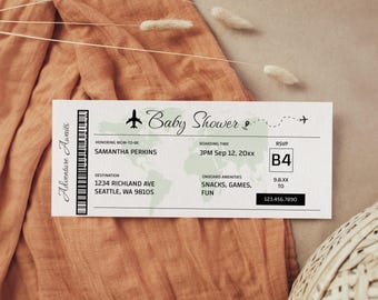 Boarding Pass Template Baby Shower, Adventure Awaits Baby Shower Boarding Pass, Airplane Invitation for Travel Themed Shower, ba103