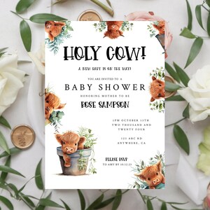 Highland Cow Baby Shower Invitation, Editable Highlander Cow Invite, Funny Shower Template, Printable Holy Cow Gender Neutral Card ba30