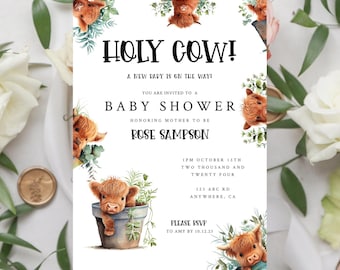 Highland Cow Baby Shower Invitation, Editable Highlander Cow Invite, Funny Shower Template, Printable Holy Cow Gender Neutral Card ba30