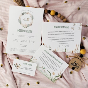 Inbjudningspaket till bofest, babyshowerinbjudan till Bless the Nest med gräsänder, lotteriinsats för blöjor, tackkort, BA148