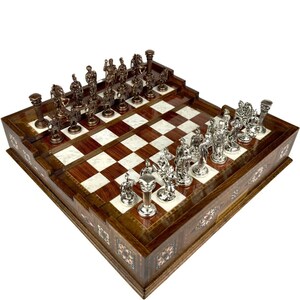 Unique Design Chess Set- Big 3D Wooden Chess Arena Medieval Age and Mythologic Themed Cast Metal Chess Pieces- Leveled Chess Board Game Set
